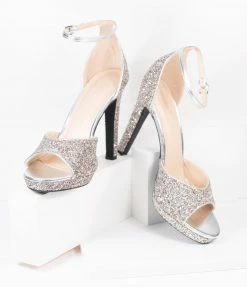 SOTD Footwear Silver Glitter Peep Toe Stiletto Heels