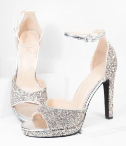 SOTD Footwear Silver Glitter Peep Toe Stiletto Heels