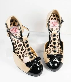 Pleaser 1950s Cream & Black Patent Leatherette T-Strap Heels