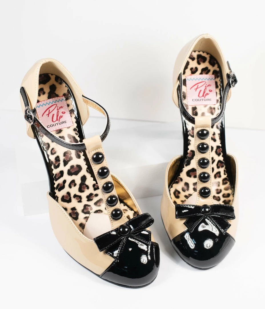 Pleaser 1950s Cream & Black Patent Leatherette T-Strap Heels