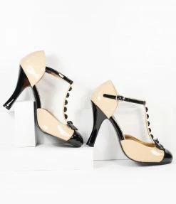 Pleaser 1950s Cream & Black Patent Leatherette T-Strap Heels