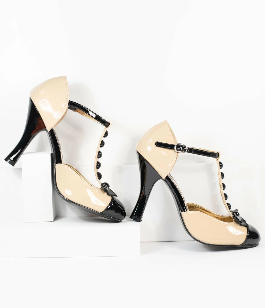 Pleaser 1950s Cream & Black Patent Leatherette T-Strap Heels
