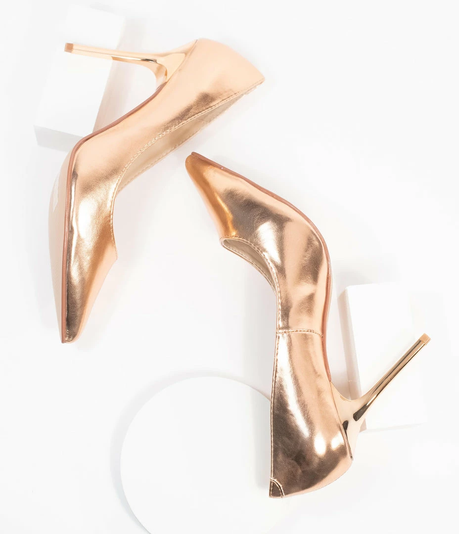 Pleaser Rose Gold Patent Leatherette Pointed Toe Pumps