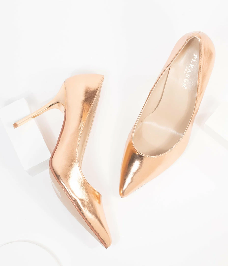 Pleaser Rose Gold Patent Leatherette Pointed Toe Pumps