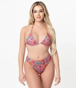 Wolf & Whistle Orange & Floral High Triangle Bikini Top Swimwear