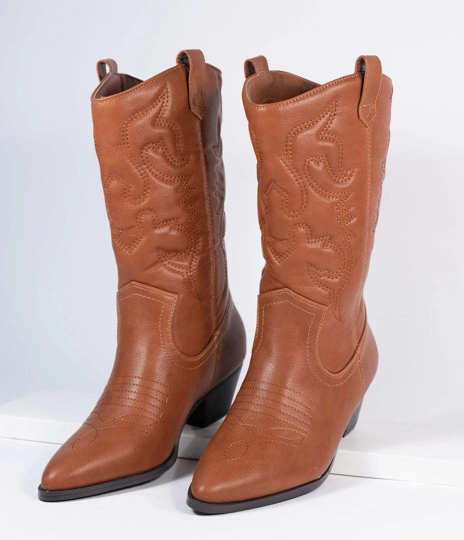 SOTD Footwear Tan Leatherette Western Cowboy Boots