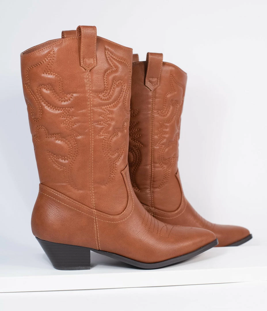 SOTD Footwear Tan Leatherette Western Cowboy Boots