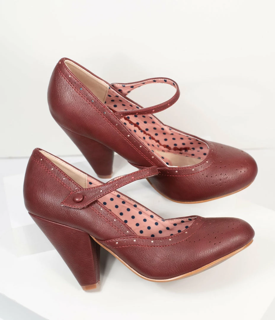 Ellie Shoes Bettie Page Burgundy Leatherette Elanor Heels 1950s
