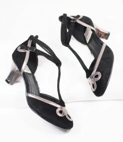 Ellie Shoes Bettie Page Black Suede & Metallic Silver Lois T-Strap Heels
