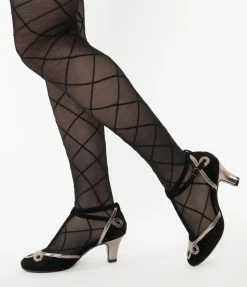 Ellie Shoes Bettie Page Black Suede & Metallic Silver Lois T-Strap Heels
