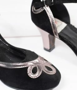 Ellie Shoes Bettie Page Black Suede & Metallic Silver Lois T-Strap Heels
