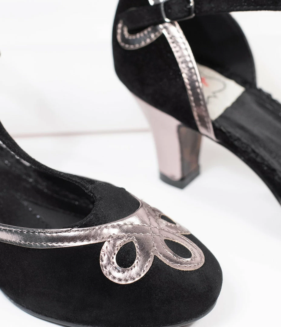 Ellie Shoes Bettie Page Black Suede & Metallic Silver Lois T-Strap Heels