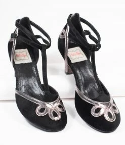 Ellie Shoes Bettie Page Black Suede & Metallic Silver Lois T-Strap Heels