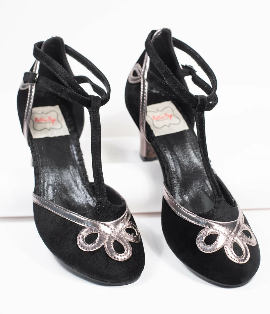 Ellie Shoes Bettie Page Black Suede & Metallic Silver Lois T-Strap Heels