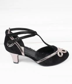 Ellie Shoes Bettie Page Black Suede & Metallic Silver Lois T-Strap Heels
