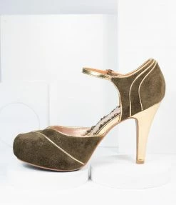 Ellie Shoes Bettie Page Olive Green Suede & Gold Ruby Heels