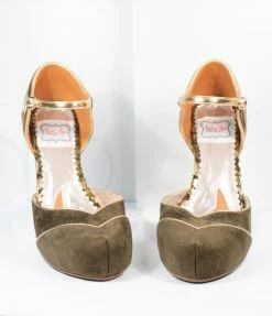 Ellie Shoes Bettie Page Olive Green Suede & Gold Ruby Heels