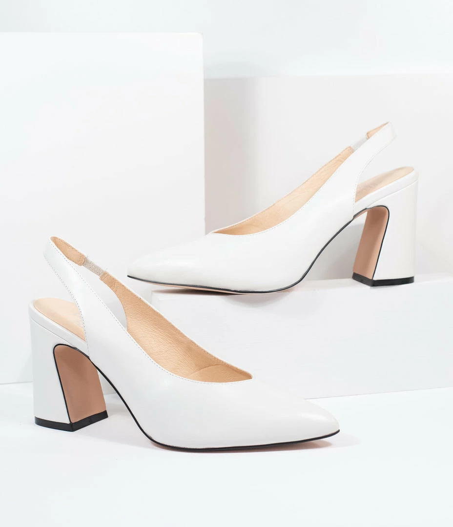 Demfon International (Chelsea Crew) 1970s Chelsea Crew White Leather Slingback Kenzie Heels