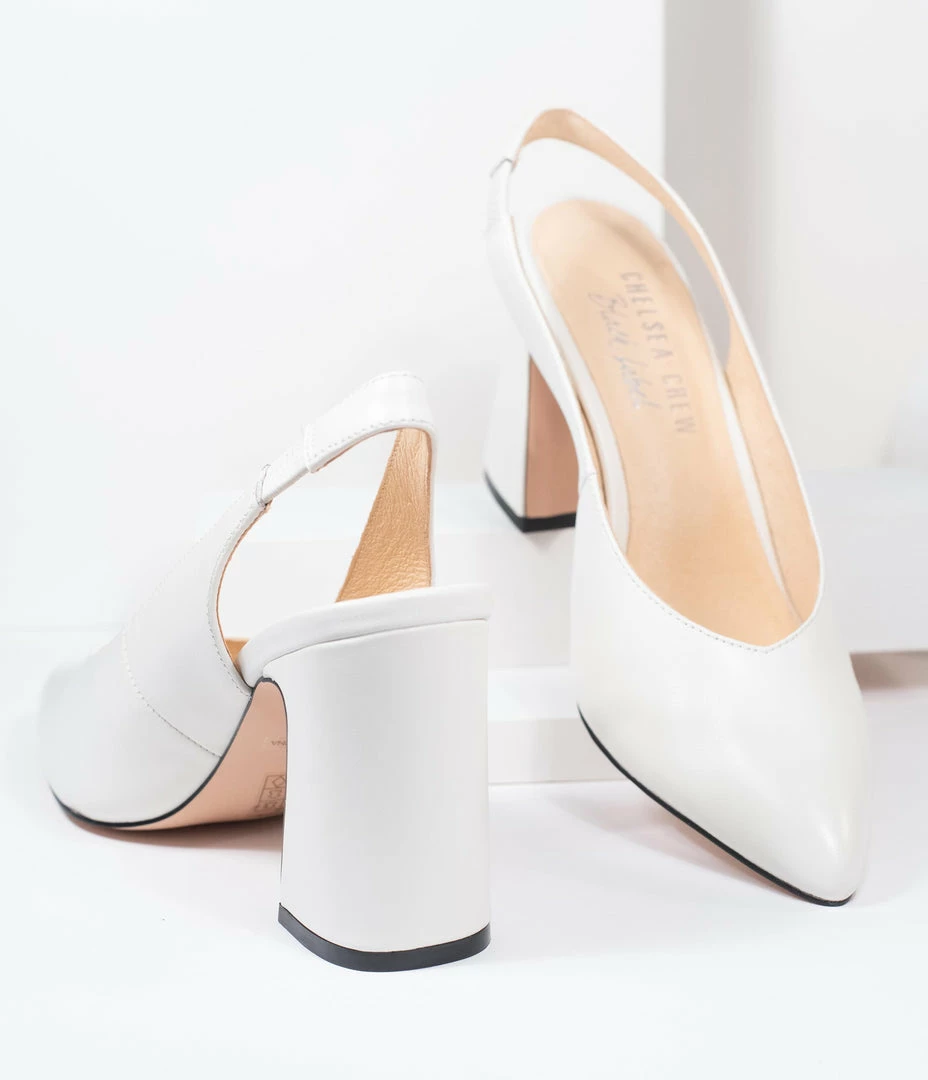 Demfon International (Chelsea Crew) 1970s Chelsea Crew White Leather Slingback Kenzie Heels