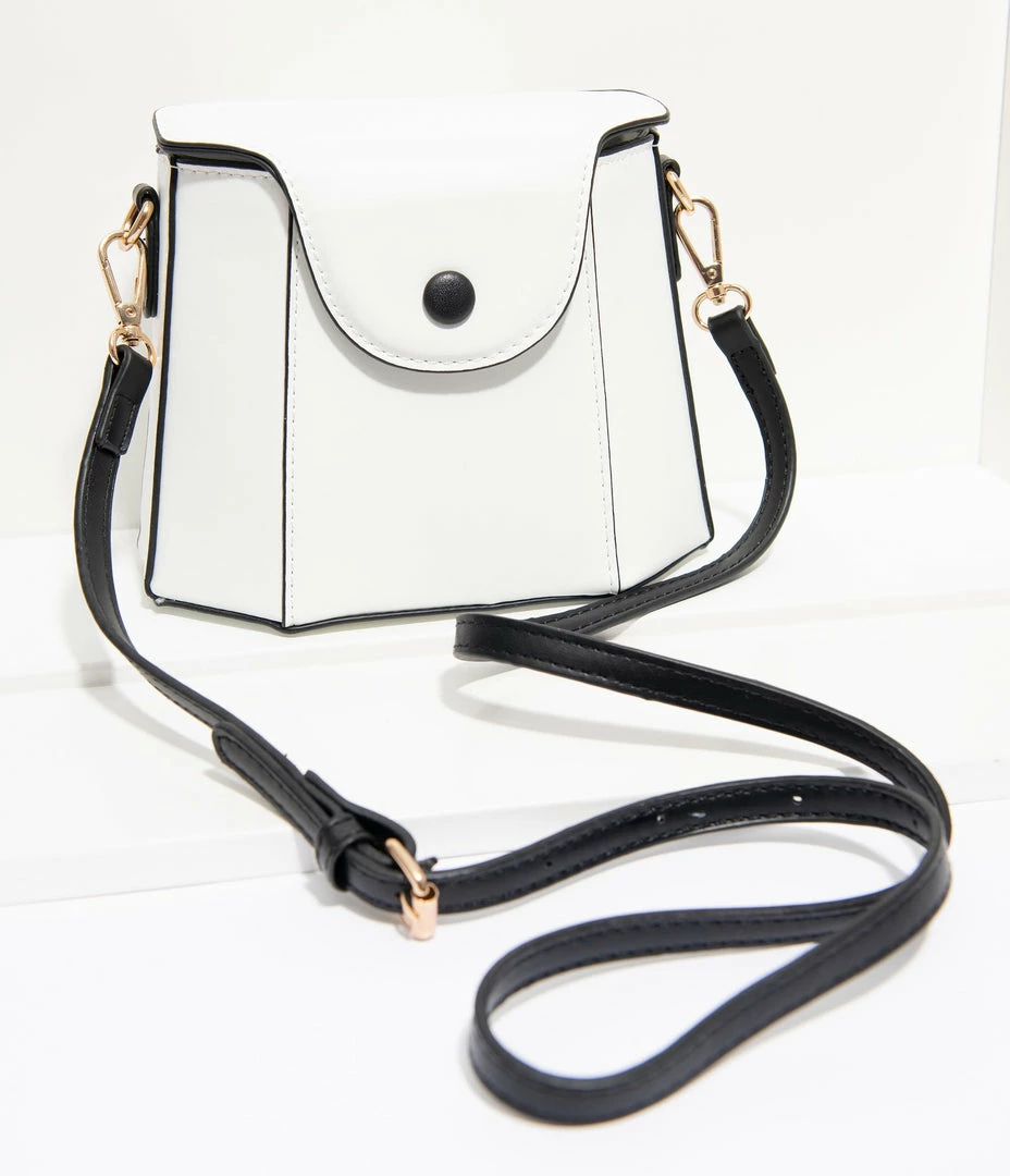 1960s Unique Vintage White Leatherette Geometric Crossbody