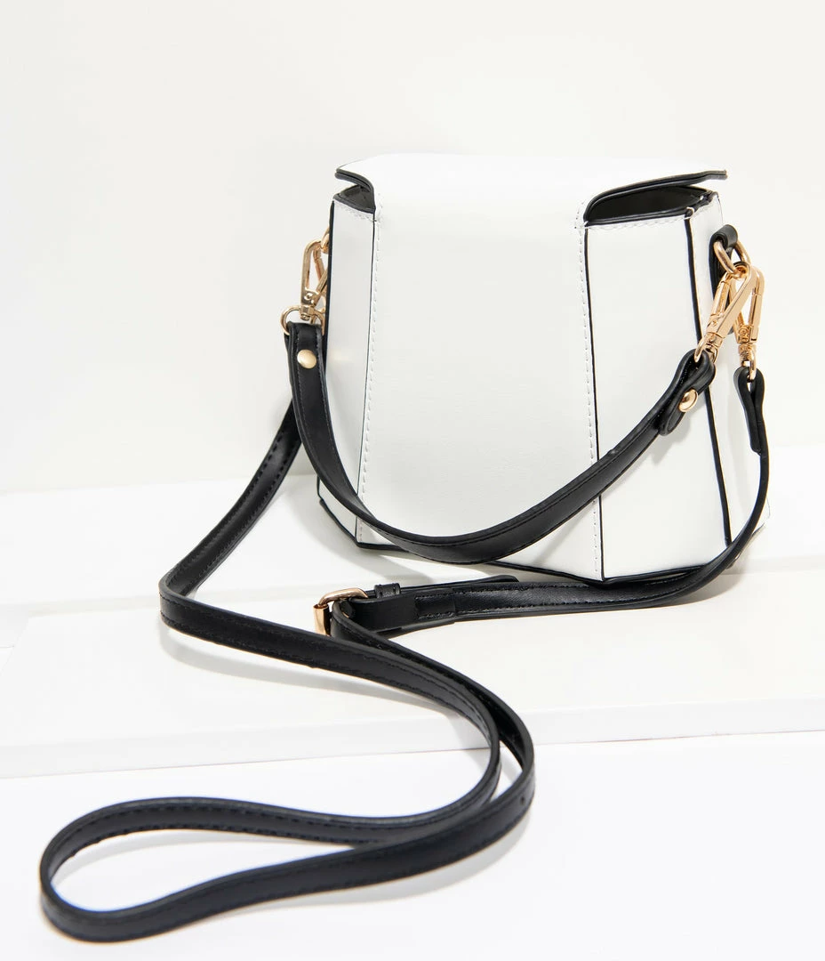 1960s Unique Vintage White Leatherette Geometric Crossbody