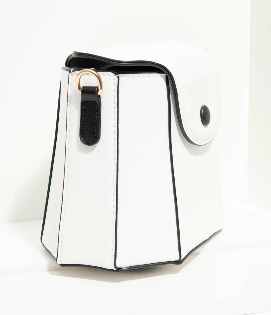 1960s Unique Vintage White Leatherette Geometric Crossbody