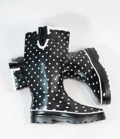 Kara USA Black & White Polka Dots Rubber Rain Boots Shoes