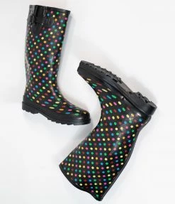 Kara USA Black & Rainbow Polka Dots Rubber Rain Boots Shoes