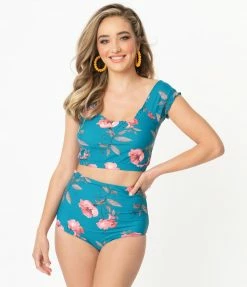 Coral Reef Swim Teal & Pink Floral Reversible High Waisted Swim Bottom Swimwear