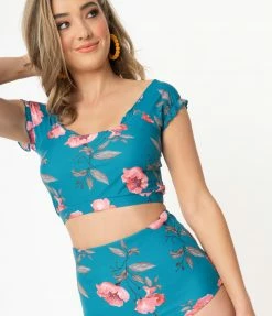 Coral Reef Swim Teal & Pink Floral Reversible High Waisted Swim Bottom Swimwear