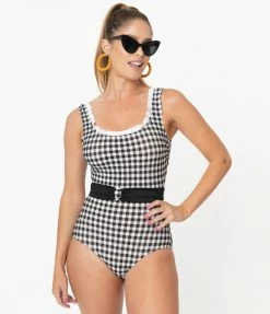 Coral & Jade Apparel, LLC (Bettie Page, Esther Williams, Girl Howdy) Swimwear Esther Williams Black Gingham Peggy Sue One Piece Swimsuit