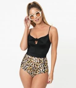 Coral & Jade Apparel, LLC (Bettie Page, Esther Williams, Girl Howdy) Esther Williams Black & Leopard Priscilla One Piece Swimsuit