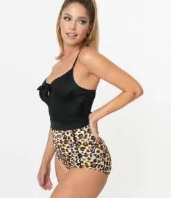 Coral & Jade Apparel, LLC (Bettie Page, Esther Williams, Girl Howdy) Esther Williams Black & Leopard Priscilla One Piece Swimsuit