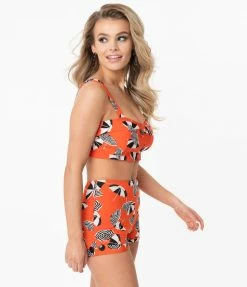 Coral & Jade Apparel, LLC (Bettie Page, Esther Williams, Girl Howdy) Swimwear Girl Howdy Orange & Beach Umbrella Print Bridgette Swim Crop Top