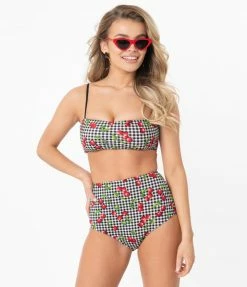 Coral & Jade Apparel, LLC (Bettie Page, Esther Williams, Girl Howdy) Bettie Page Gingham & Cherry Print High Waist Swim Bottom