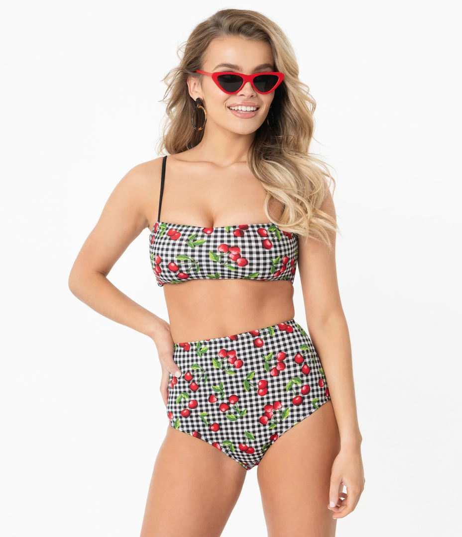Coral & Jade Apparel, LLC (Bettie Page, Esther Williams, Girl Howdy) Bettie Page Gingham & Cherry Print High Waist Swim Bottom