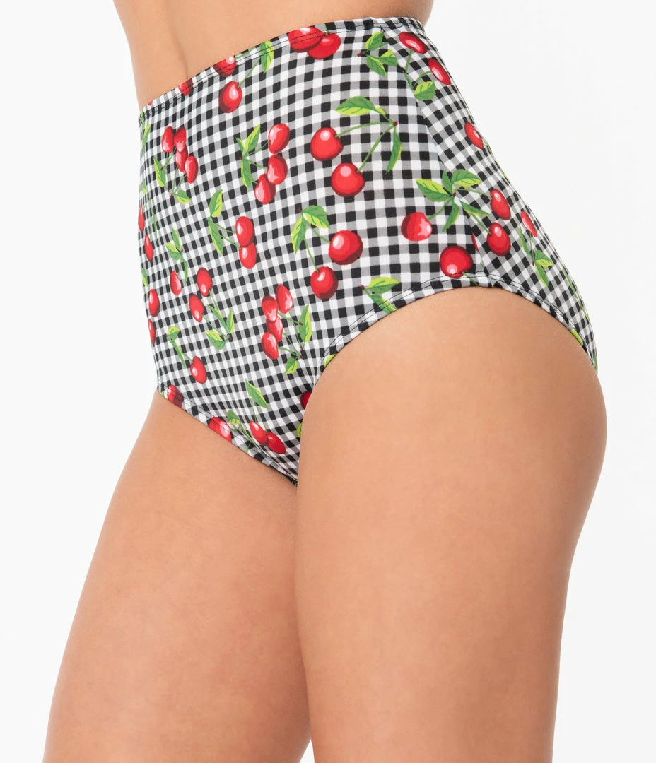 Coral & Jade Apparel, LLC (Bettie Page, Esther Williams, Girl Howdy) Bettie Page Gingham & Cherry Print High Waist Swim Bottom
