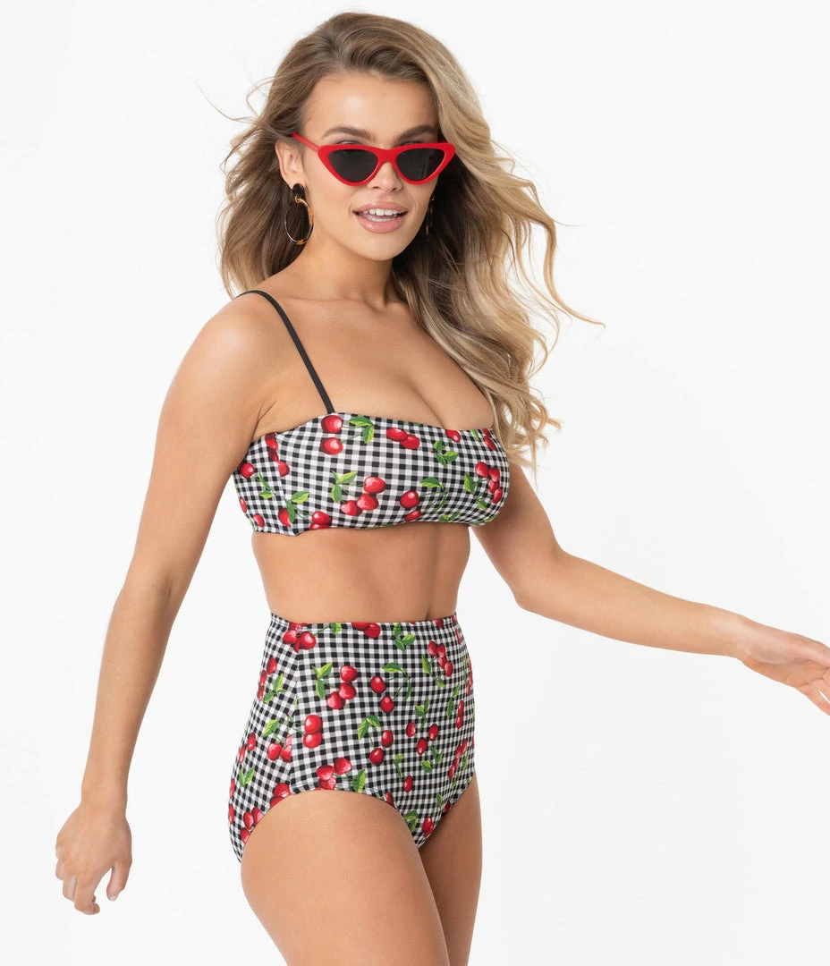 Coral & Jade Apparel, LLC (Bettie Page, Esther Williams, Girl Howdy) Bettie Page Gingham & Cherry Print High Waist Swim Bottom