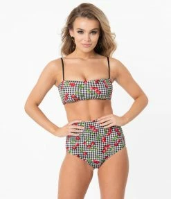 Coral & Jade Apparel, LLC (Bettie Page, Esther Williams, Girl Howdy) Bettie Page Gingham & Cherry Print High Waist Swim Bottom
