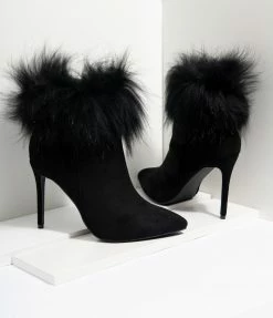 Shoe Click Black Suede & Fur Trim Stiletto Booties