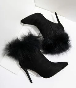 Shoe Click Black Suede & Fur Trim Stiletto Booties