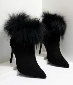 Shoe Click Black Suede & Fur Trim Stiletto Booties