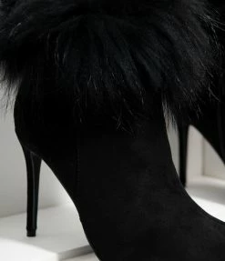 Shoe Click Black Suede & Fur Trim Stiletto Booties