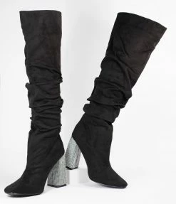 SOTD Footwear 1960s Black Suede & Rhinestone Slouchy Knee-High Boots