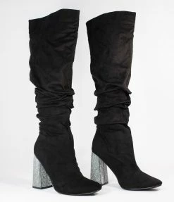 SOTD Footwear 1960s Black Suede & Rhinestone Slouchy Knee-High Boots
