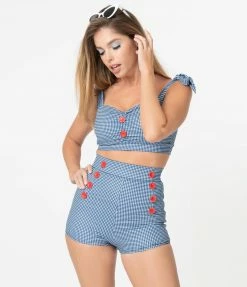 Attempt Inc. (Pinky Pinups) 1950s Blue Gingham & Red Buttons Swim Top Swimwear