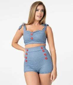 Attempt Inc. (Pinky Pinups) 1950s Blue Gingham & Red Buttons Swim Top Swimwear