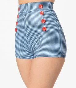 Attempt Inc. (Pinky Pinups) Swimwear 1950s Pin-Up Style Blue Gingham & Red Buttons High Waist Swim Bottoms