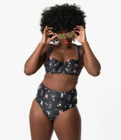 Collectif Black & Cocktail Menu Print Balcony Swim Top Swimwear
