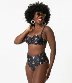 Collectif Black & Cocktail Menu Print Balcony Swim Top Swimwear